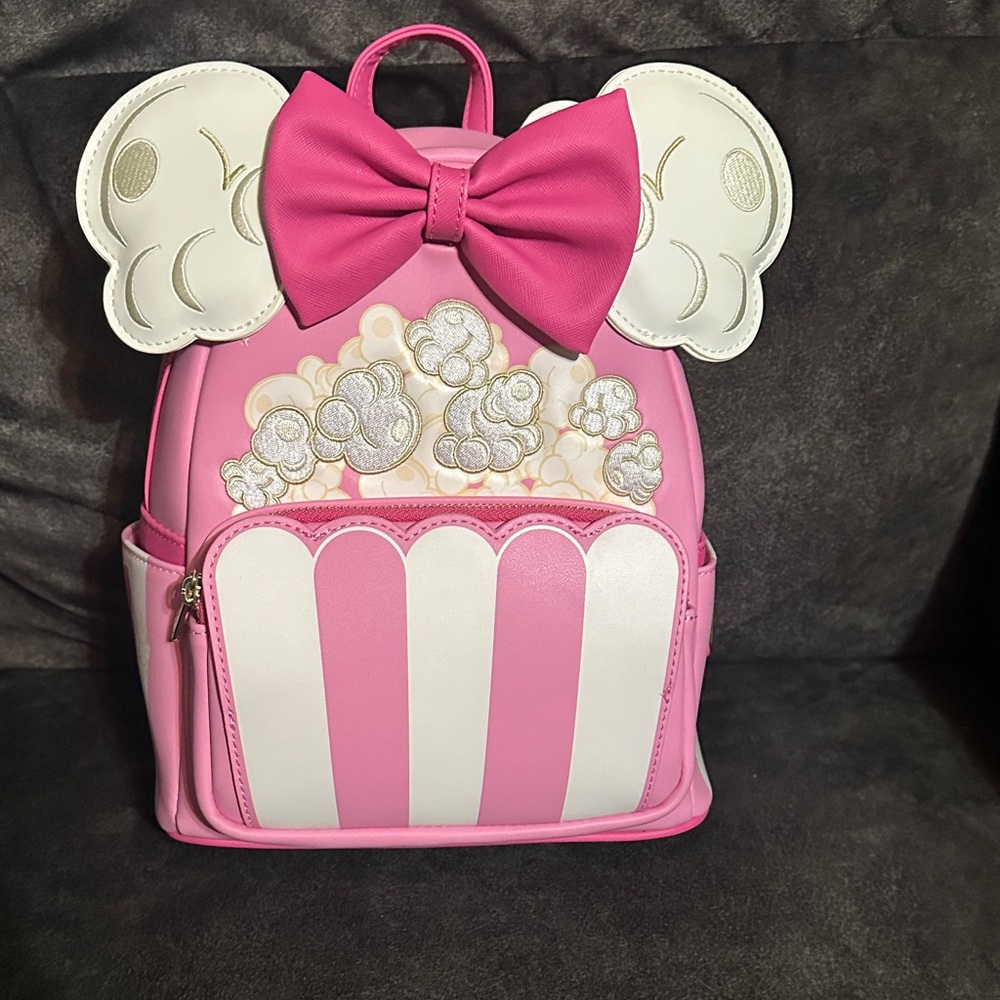 Loungefly Disney Minnie Popcorn Pink and White Backpack with Bow